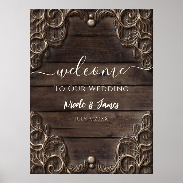 Affiche Mariage Occidental Rustique Vintage Bois Sombre &  (Devant)