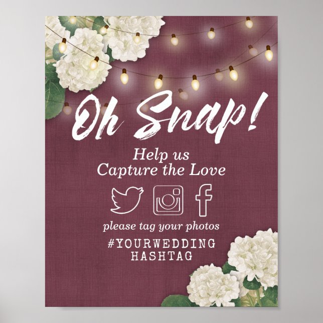 Affiche Mariage Oh Snap Hashtag Hydrangeas & String Lights (Devant)