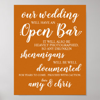 Affiche Mariage Open Bar Funny Drunken Shenanigans Sign W