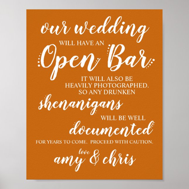 Affiche Mariage Open Bar Funny Drunken Shenanigans Sign W (Devant)