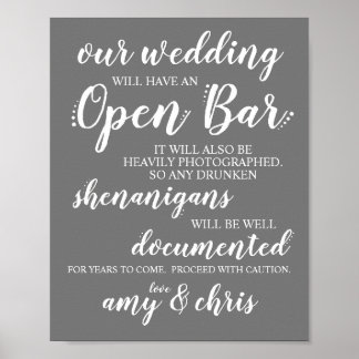 Affiche Mariage Open Bar Funny Drunken Shenanigans Sign W