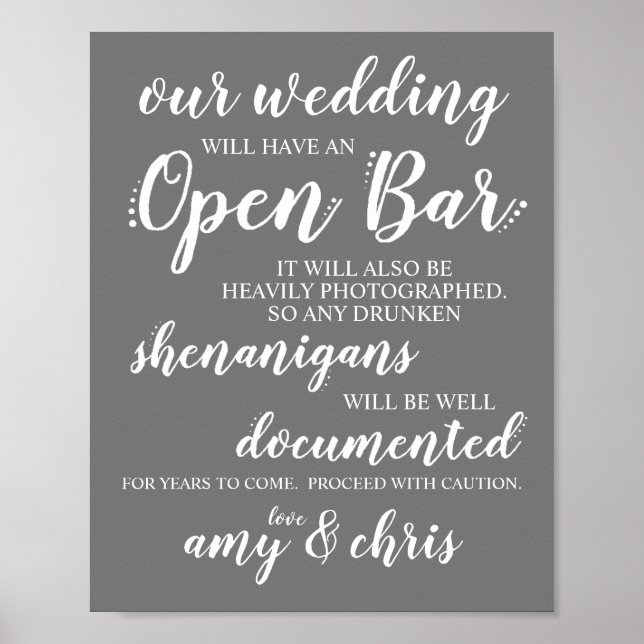Affiche Mariage Open Bar Funny Drunken Shenanigans Sign W (Devant)
