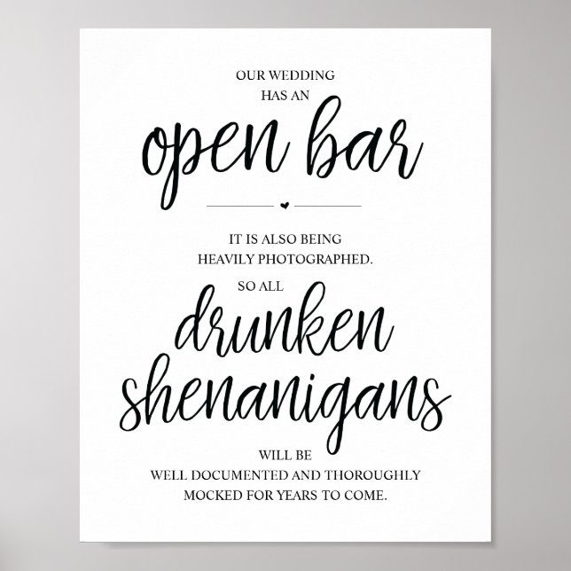 Affiche Mariage Open Bar, signe shenanigans ivres (Devant)