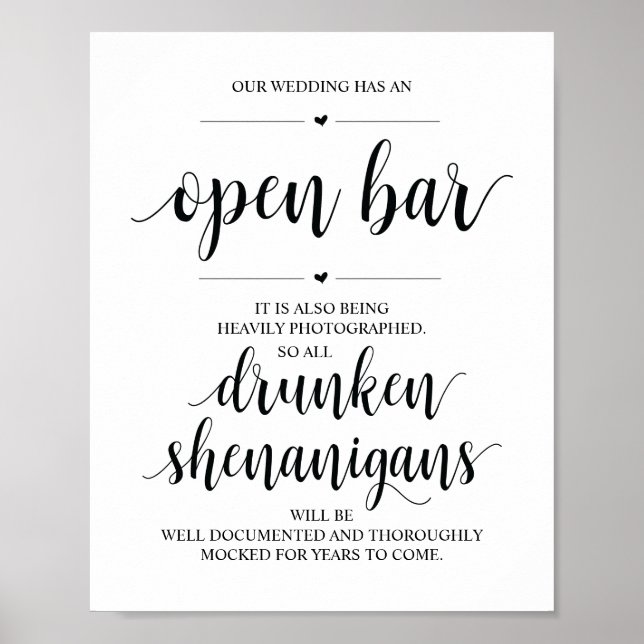 Affiche Mariage Open Bar, signe shenanigans ivres (Devant)