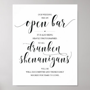 Affiche Mariage Open Bar, signe shenanigans ivres