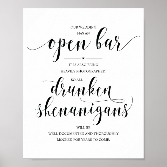 Affiche Mariage Open Bar, signe shenanigans ivres (Devant)