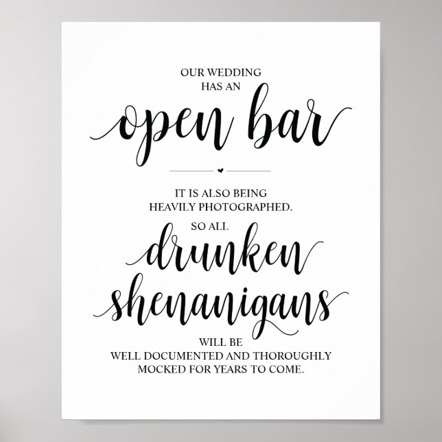 Affiche Mariage Open Bar, signe shenanigans ivres (Devant)