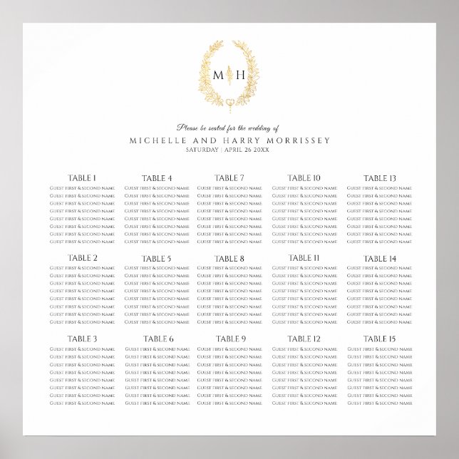 Affiche Mariage ovale en or noir 15 tables (Devant)
