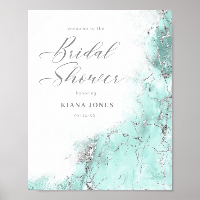 Affiche Mariage pailleté de marbre sarcelle argent ID644 (Devant)