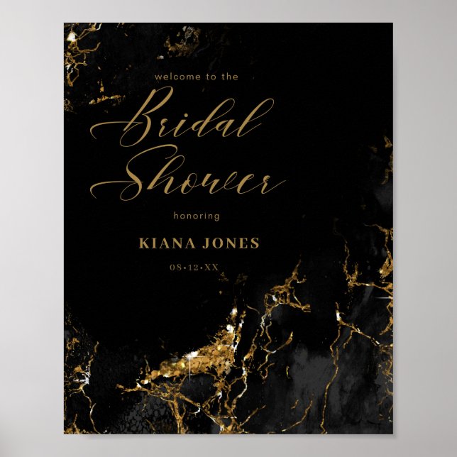 Affiche Mariage pailleté marbre noir or ID644 (Devant)