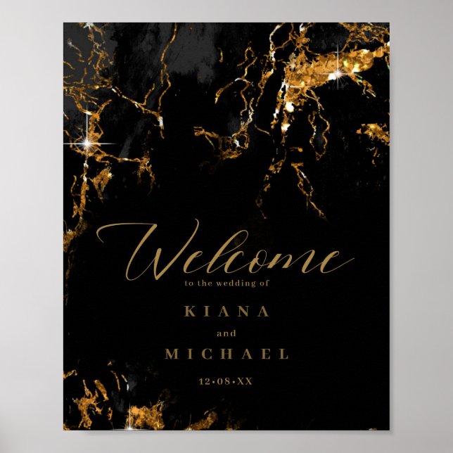 Affiche Mariage Paillettes Bienvenue Noir Or ID644 (Devant)