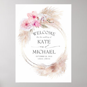 Affiche Mariage Pampas Grass et Orchidées roses Bienvenue