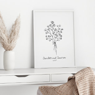 Affiche Mariage personnalisé dessin d'art en ligne de fleu