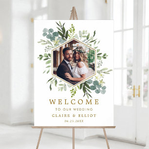 Affiche Mariage photo Botanical Green Gold Hexagon Bienven