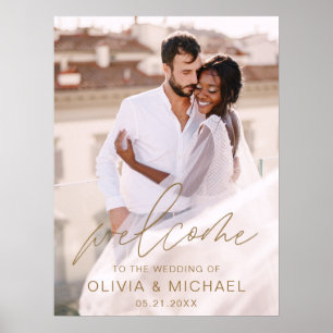 Affiche Mariage photo Gold Modern Script Bienvenue Élégant