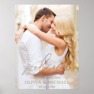 Affiche Mariage photo Gold Modern Script Bienvenue Élégant