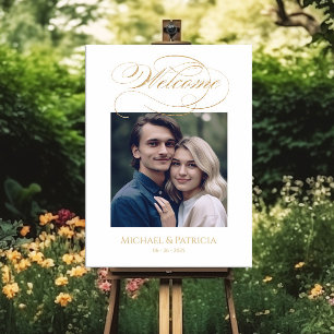 Affiche Mariage photo signe de bienvenue élégant or callig