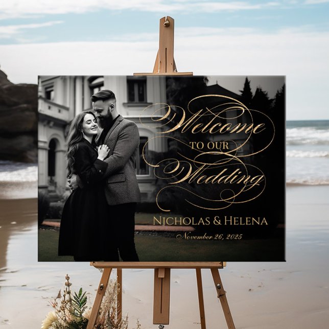 Affiche Mariage photo signe de bienvenue élégant script or (Créateur téléchargé)