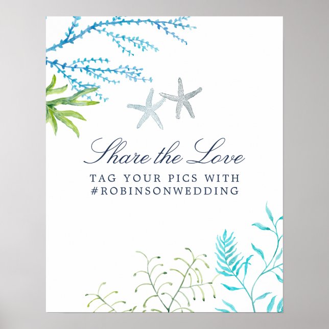 Affiche Mariage Plage Algues Aquarelle Hashtag (Devant)