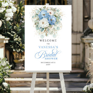 Affiche Mariage poussiéreux bleu blanc pivoine or floral s