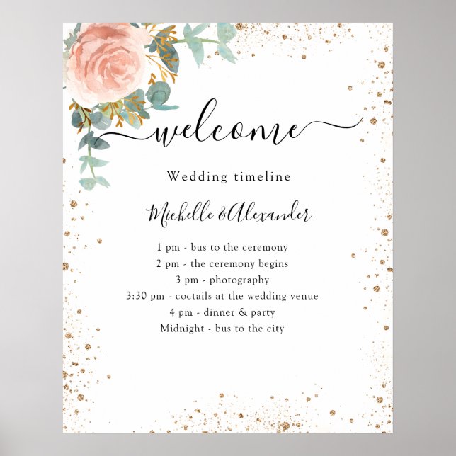 Affiche Mariage programme chronologique rose or floral (Devant)