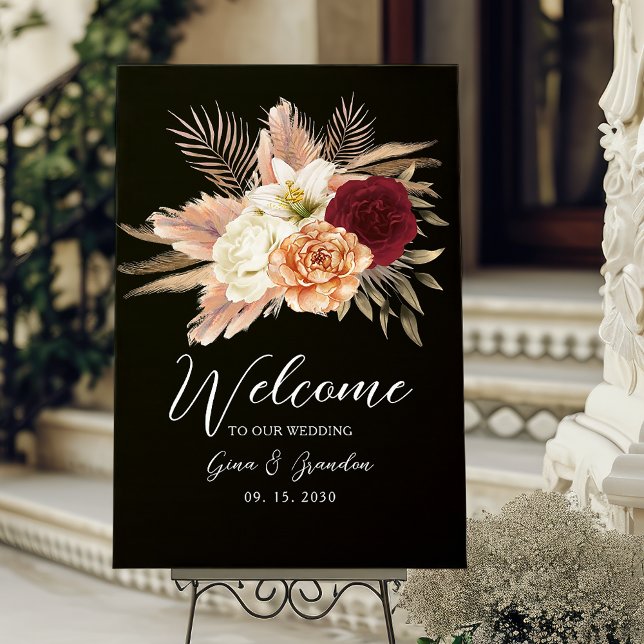 Affiche Mariage romantique burgundy floral Bienvenue noir (Créateur téléchargé)