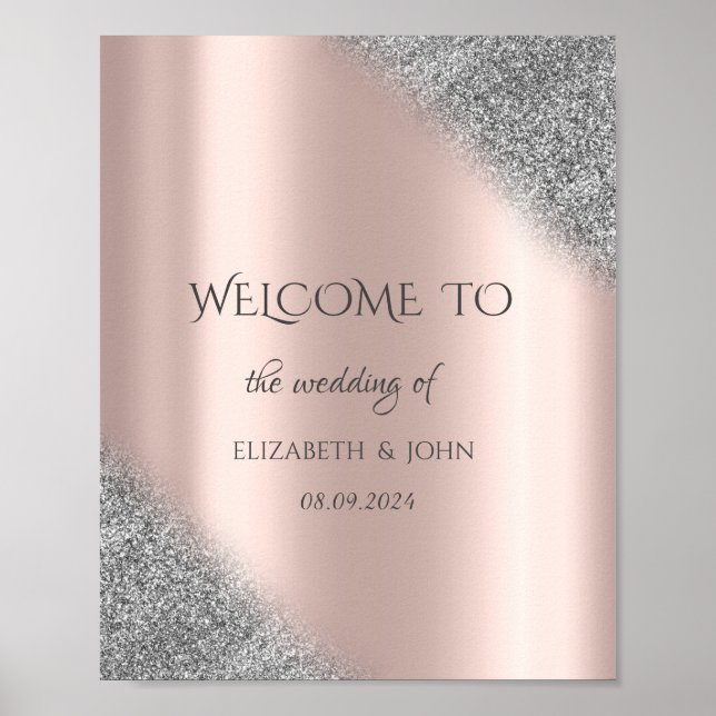 Affiche Mariage Rose Gold Ombre Paillettes Argentées  (Devant)