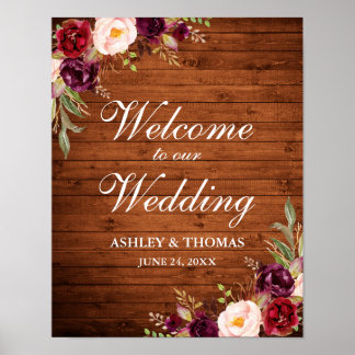 Affiche Mariage Rustique Bois Bourgogne Aquarelle Florale
