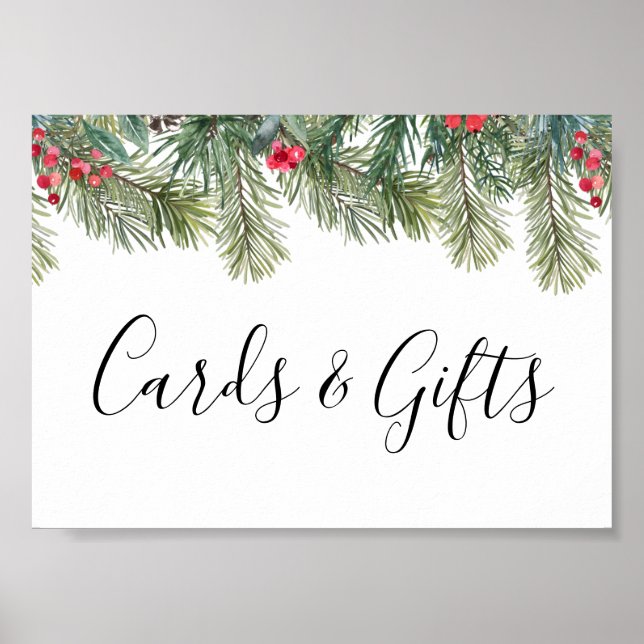 Affiche Mariage Rustique Hiver Baies Pins Verdure (Devant)
