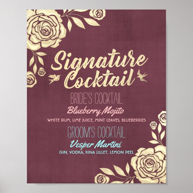 Affiche Mariage Signature Boire Menu Bourgogne Golden Rose (Devant)