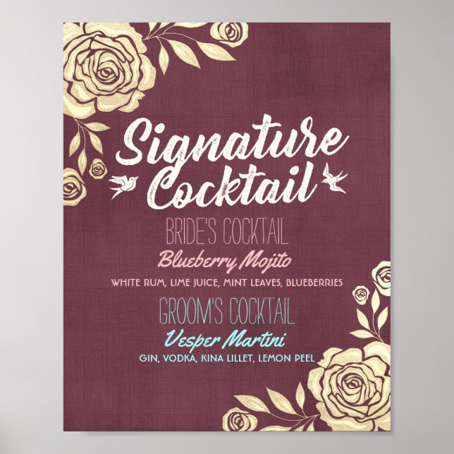 Affiche Mariage Signature Boire Menu Bourgogne Golden Rose (Devant)