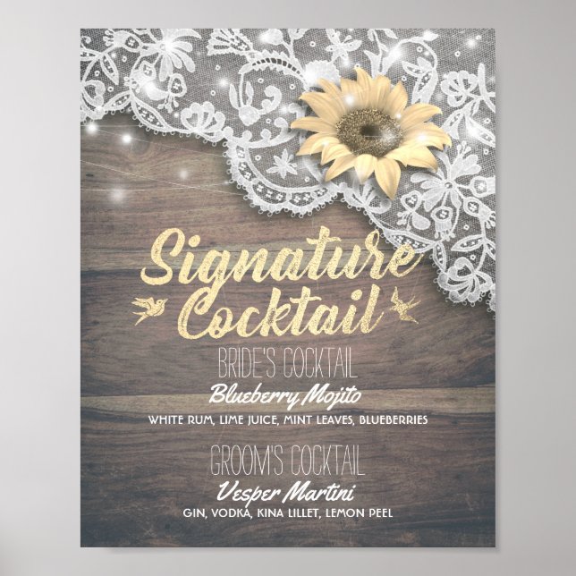Affiche Mariage Signature Boire Menu Dentelle Tournesol Bo (Devant)