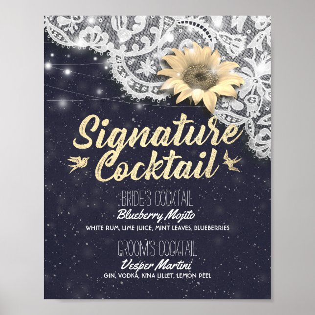 Affiche Mariage Signature Boire Menu Dentelle Tournesol Lu (Devant)