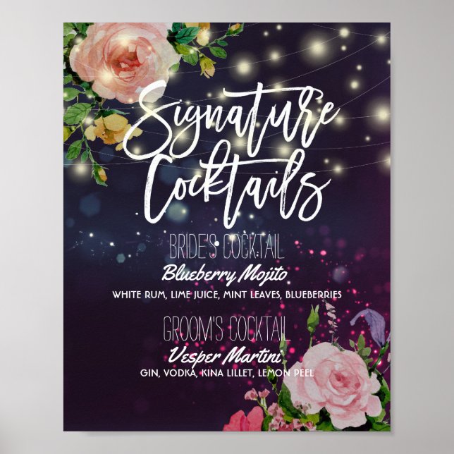 Affiche Mariage Signature Boire Menu Floral String Lights (Devant)