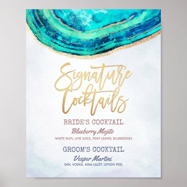 Affiche Mariage Signature Boire Menu Turquoise Gold Agate  (Devant)