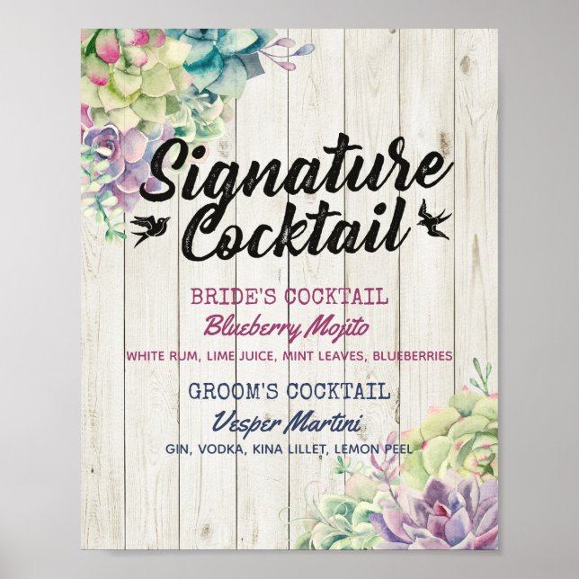 Affiche Mariage Signature Boisson Menu Succulent Bois rust (Devant)