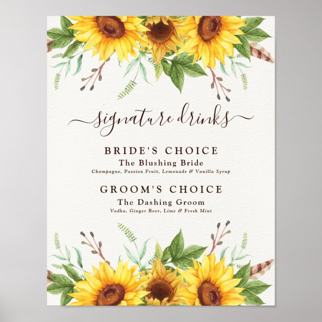 Affiche Mariage Signature Boissons Rustique Boho Sunflower (Devant)