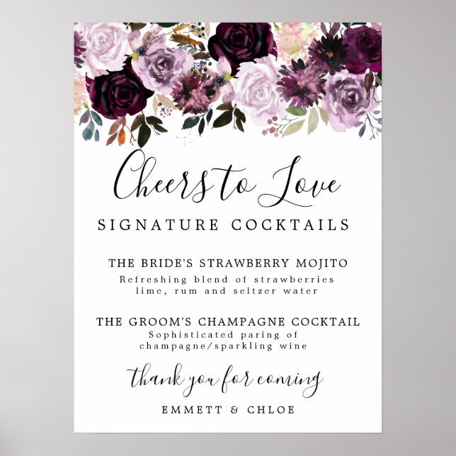 Affiche Mariage Signé Cocktails Signature de la Rose Rose  (Devant)