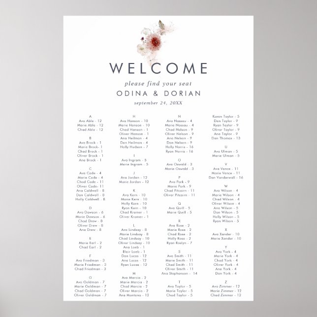 Affiche Mariage simple Floral alphabétique (Devant)