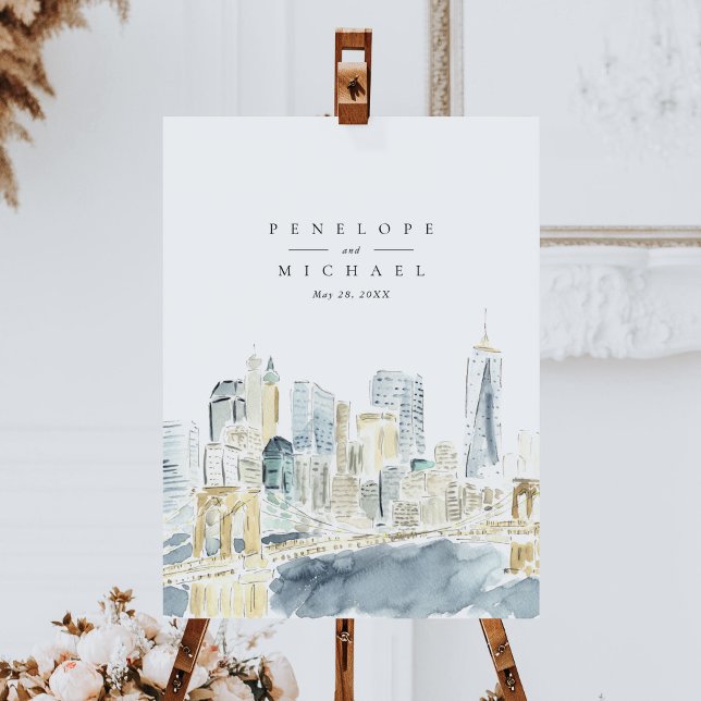 Affiche Mariage Skyline de New York (Watercolor New York City skyline wedding welcome sign.)