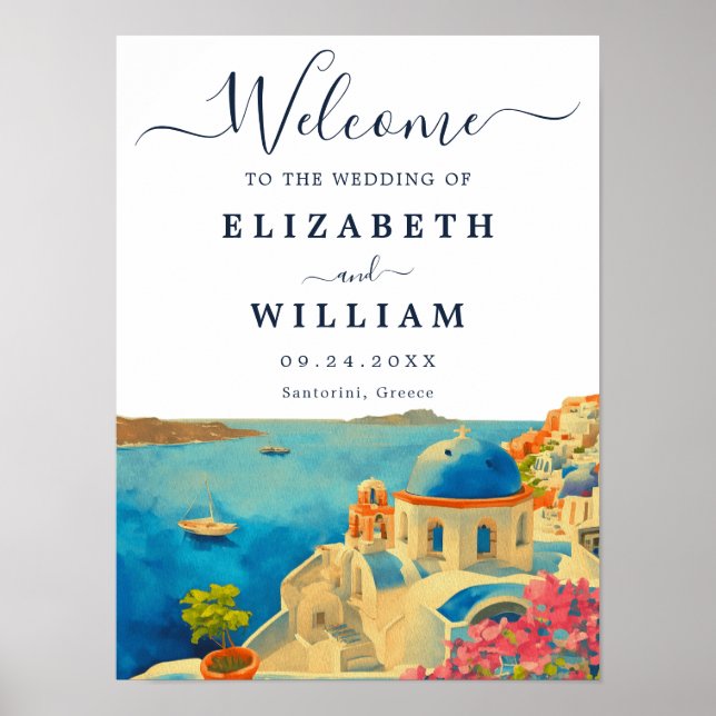 Affiche Mariage Skyline Santorini Grèce Watercolor (Devant)