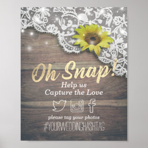 Affiche Mariage Snap Hashtag Dentelle Tournesol Bois Lumiè