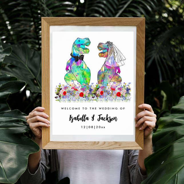 Affiche Mariage Thème Dinosaure Bienvenue (Fun dinosaur themed wedding with colorful wildflowers custom wedding welcome poster)
