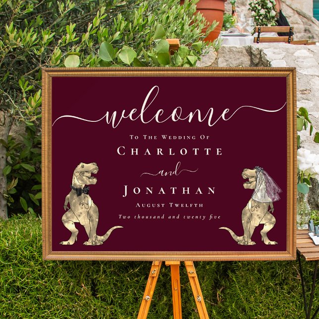 Affiche Mariage Thème Dinosaure Bienvenue Vin Bourgogne Cr (Elegant Dinosaur burgundy cream wedding Welcome poster sign Whimsical script T-Rex bride & groom )