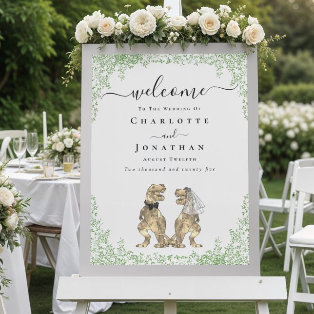 Affiche Mariage Thème Dinosaures Bienvenue (Elegant dinosaur bride and groom watercolor foliage wedding welcome sign poster)