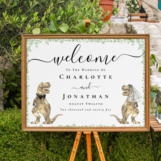 Affiche Mariage Thème Dinosaures Drôles de Bienvenue (Dinosaur wedding welcome poster signage watercolor greenery elegant script funny T-Rex bride & groom)