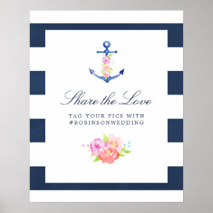 Affiche Mariage Thème Floral Aquarelle et Nautique Hashtag