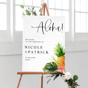 Affiche Mariage Tropical Aquarelle Ananas et Hibiscus