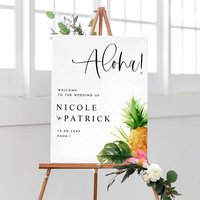 Affiche Mariage Tropical Aquarelle Ananas et Hibiscus (Customizable summer wedding sign featuring watercolor pineapple, tropical greenery and flower.)
