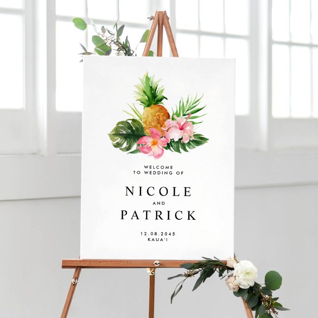 Affiche Mariage Tropical Aquarelle Ananas et Verdure (Customizable tropical wedding welcome sign featuring watercolor pineapple, greenery and flower.)